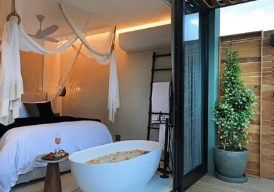 a bedroom with a bath tub and a bed at Olijvenkraal Winelands Lodge in Paarl