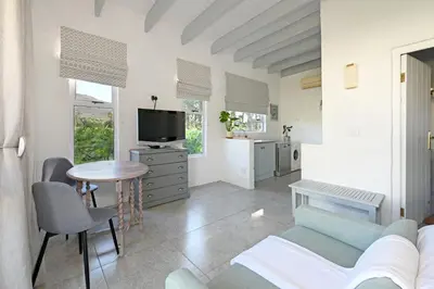 a living room with a couch and a table at The Little Vineyard Cottage in Franschhoek