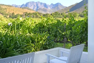 two white chairs sitting on a patio with mountains in the background at The Little Vineyard Cottage in Franschhoek