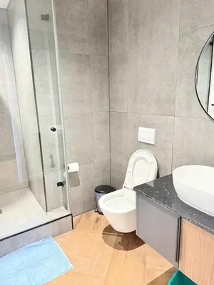 a bathroom with a toilet and a sink and a shower at Trendy Studio Apartment in On Park in Cape Town