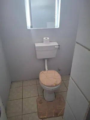 a small bathroom with a toilet and a window at White house apartment in Cape Town