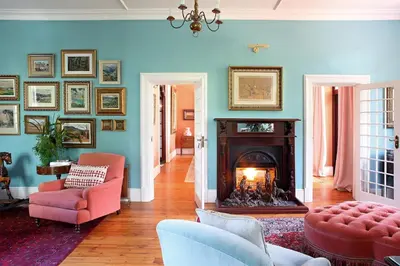 a living room with blue walls and a fireplace at Le Grand Jardin Villa in Kayamnandi