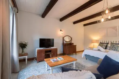 a living room with a couch and a tv at Mountain and Tides in Kleinmond