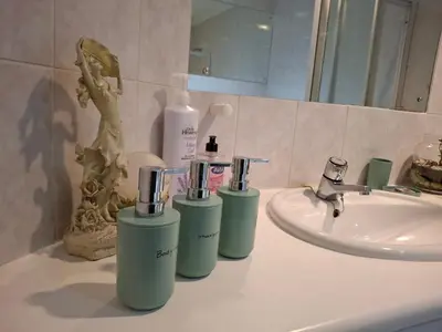 a bathroom counter with three bottles of soap and a sink at Spacious Suite in Somerset West in Somerset West