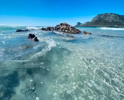 a view of the ocean with rocks in the water at Cape Holly Beach House in Pringle Bay