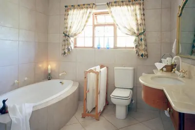 a bathroom with a tub and a toilet and a sink at Milkwood Lodge in Hermanus