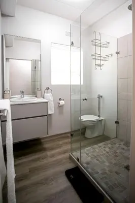 a bathroom with a sink and a toilet and a shower at Tide & Together in Hermanus
