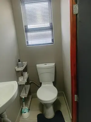 a bathroom with a toilet and a sink and a window at Home in Brooklyn Cape Town in Cape Town