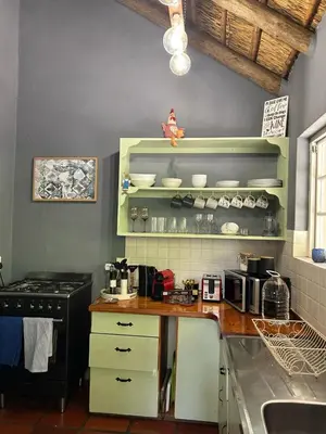 a kitchen with a counter top and a stove at The Little Thatch Cottage in Greyton