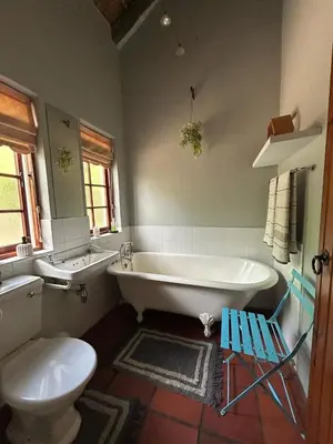 a bathroom with a tub and a toilet and a sink at The Little Thatch Cottage in Greyton