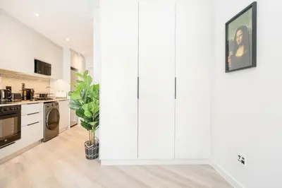 a kitchen with white cabinets and a potted plant at 213 Paarl 2 Bedroom Lux Aprt With Parking & Aircon in Paarl