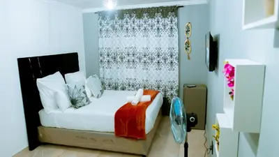 a bedroom with a white bed and a curtain at DC Guest House in Avondale