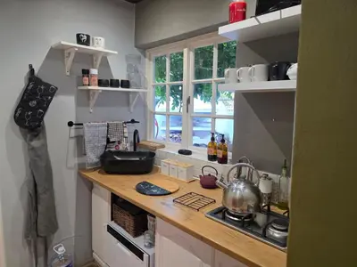 a kitchen with a counter with a stove and a sink at Maggie Rose Self Catering Cottage in Greyton