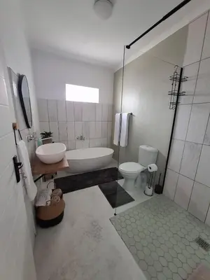 a bathroom with a tub and a sink and a toilet at Embrace This Planet Self-Catering Accommodation in Fisherhaven