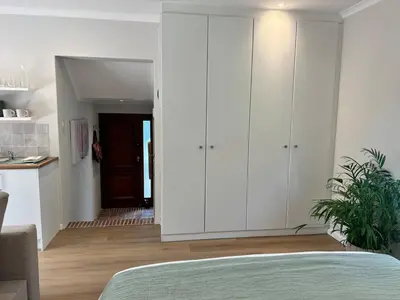 a bedroom with white cabinets and a potted plant at Protea Cottage Cozy & Private Studio in Claremont in Cape Town
