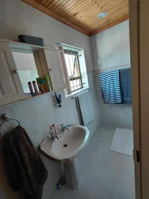 a bathroom with a sink and a mirror at HuisieBydieC in Hermanus