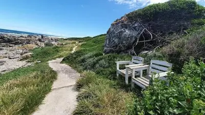 two benches sitting on a hill next to a path at Onrus Sunshine Beach Days in Hermanus