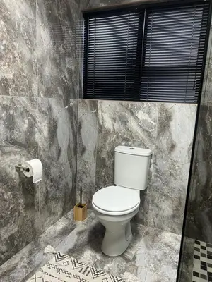 a bathroom with a toilet in a stone wall at Oryx guest house in Oakdale