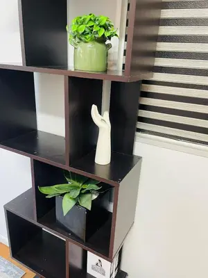 a black book shelf with a vase and a plant at claremont guesthouse in Cape Town