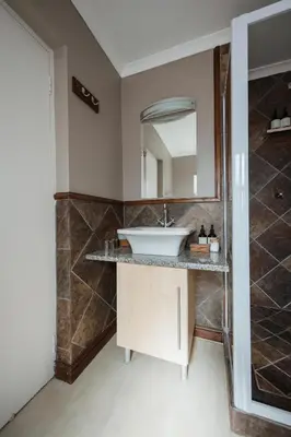 a bathroom with a sink and a mirror at Whale Away Guest House in Hermanus