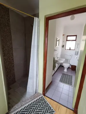 a bathroom with a shower and a toilet at Serene, cosy stay with a mountain view in Greyton