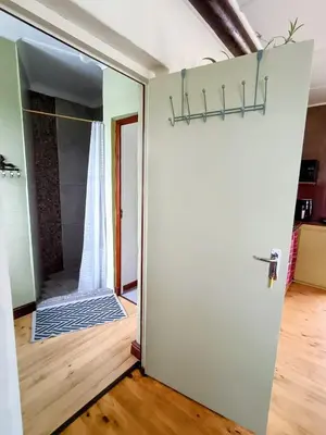 a door leading into a room with a shower at Serene, cosy stay with a mountain view in Greyton