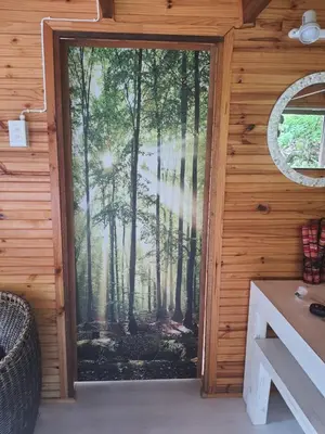 a door with a forest mural on the wall at Log Cabin- Forest, Lagoon Sea location in Hermanus