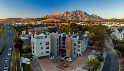 an aerial view of a city with a mountain at 22 at The Den in Stellenbosch
