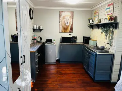 a kitchen with blue cabinets and a lion poster on the wall at Cross Road Cabin in Cape Town