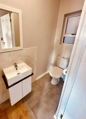 a bathroom with a toilet and a sink and a mirror at Table Mountain View Apartment II in Cape Town