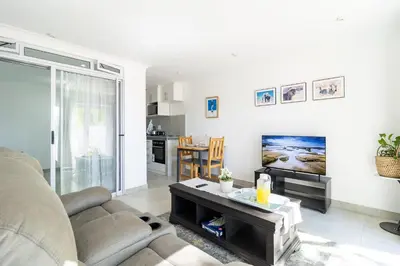 a living room with a couch and a table at Flatlet on Circle in Cape Town