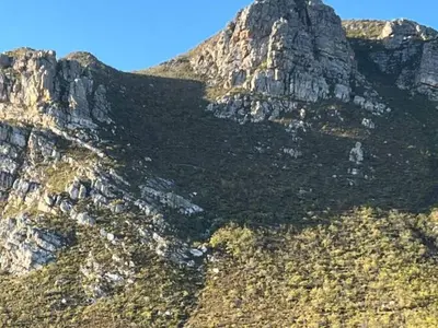 a rocky mountain with grass and trees on it at Mountain View Studio Hermanus in Hermanus