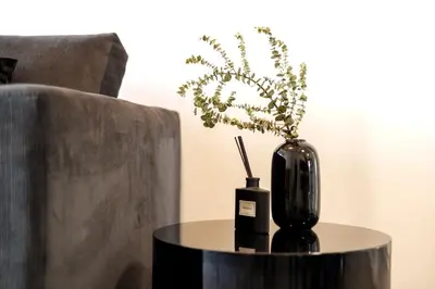 a black vase sitting on a table next to a couch at The Palm in Kraaifontein