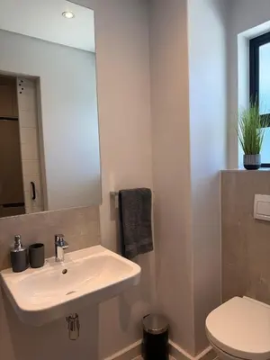 a bathroom with a sink and a toilet and a mirror at Platform 123 - 2 On Tabak with onsite Parking in Paarl
