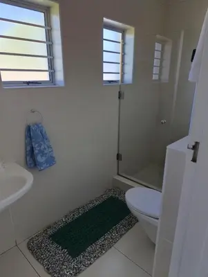 a bathroom with a shower and a toilet and a sink at Ascot manor in Cape Town