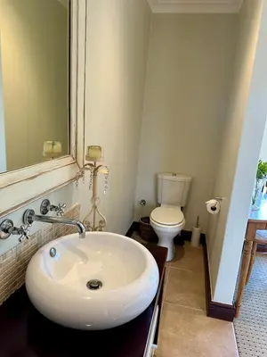 a bathroom with a sink and a toilet at Quiet Business Stay with Stunning Pool in Welgemoed