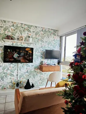 a living room with a christmas tree and a television at Comfy 1 Bedroom Flat in Thornton