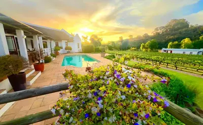 a house with a swimming pool and flowers at Monkscowl Estate in Stellenbosch