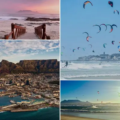 a group of four pictures with kites flying over the beach at 3at33 CT in Cape Town