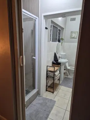 a bathroom with a shower and a toilet at Suné's Self Catering 1 in Worcester