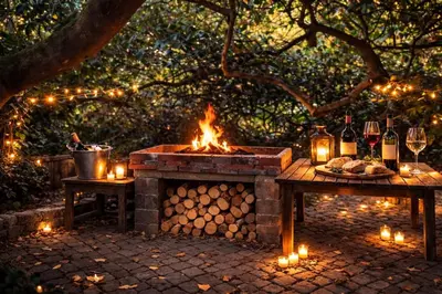 a fire pit with a table and wine glasses at Pet Friendly Sandbaai in Hermanus