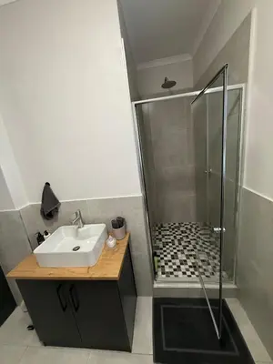 a bathroom with a sink and a shower at Die Stal in Wellington