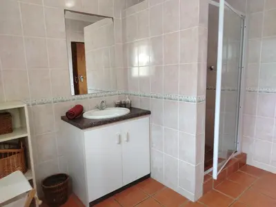 a bathroom with a sink and a shower at Starfish - The rockpool house in Bettyʼs Bay