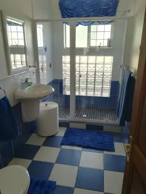 a blue and white bathroom with a sink and a toilet at Cape Dutch Family Home in the Winelands in Somerset West