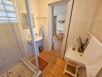 a bathroom with a shower and a sink at Rawsonville House in Rawsonville