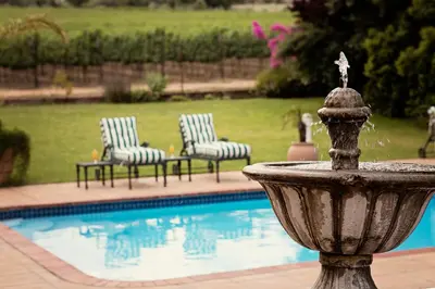 a fountain in front of a pool with two chairs at Oak Tree Lodge in Paarl