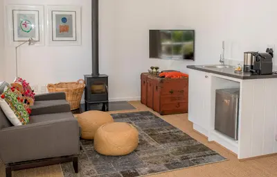 a living room with a couch and a fireplace at The Vishuis in Hermanus