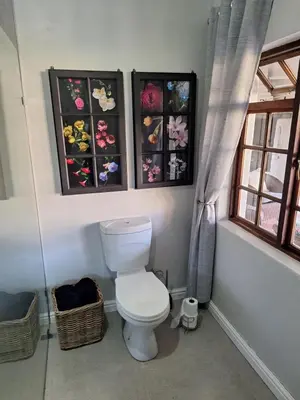 a bathroom with a toilet and some pictures on the wall at Rooiheuwel Cottage in Wellington