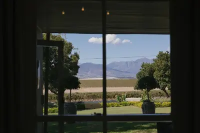 a window with a view of a field and mountains at Doran Vineyards in Paarl