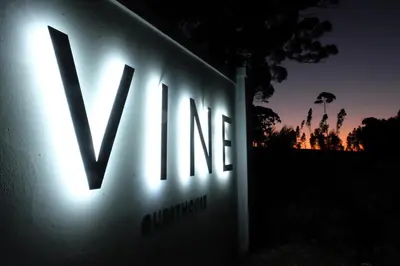 a sign with the word vivo lit up at night at Vine Guesthouse in Stellenbosch